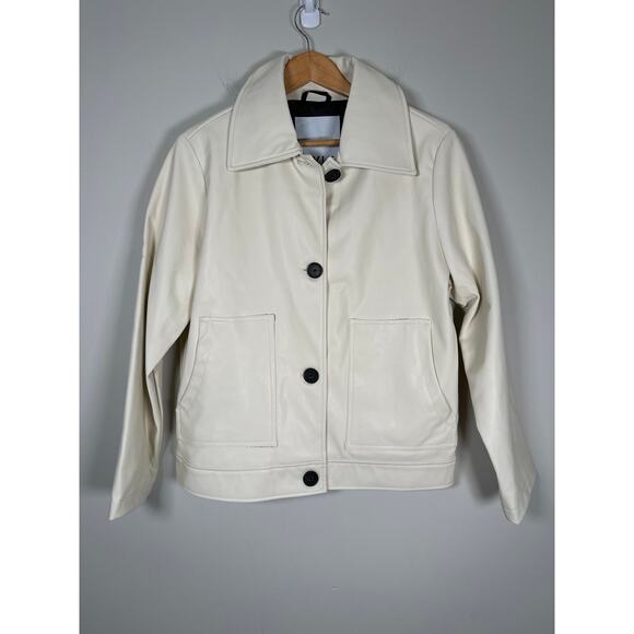 NVLT NEW Women’s Vegan Leather Collared Trucker Jacket Size M Ivory/Cream - Picture 1 of 12